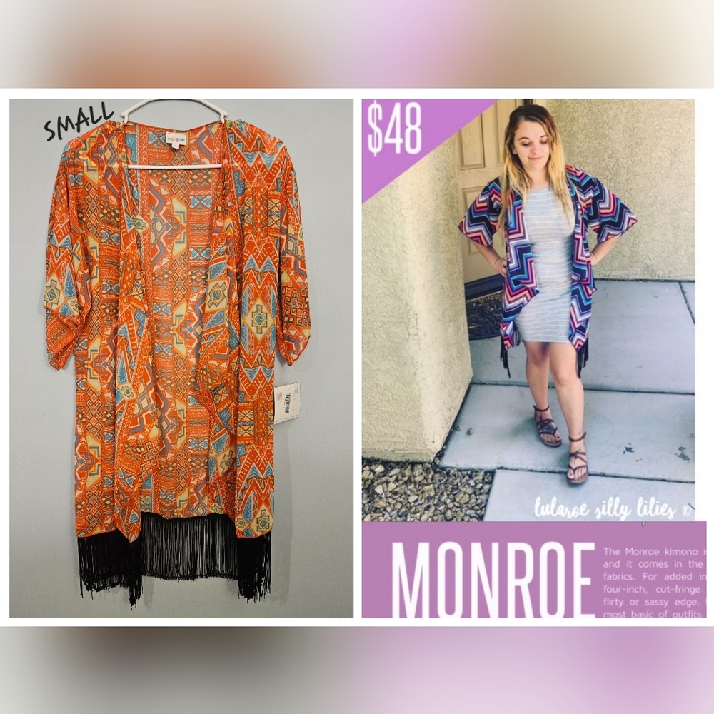 NWT LULAROE MONROE SIZE SMALL AZTEC BABY BLUE /ORANGE/ YELLOW WITH TASSELS